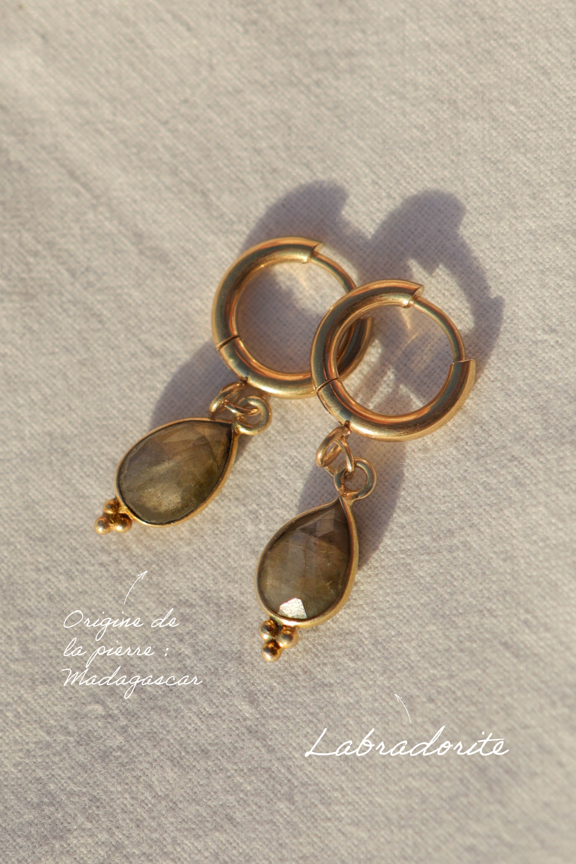 Boucles d’oreilles petites créoles avec pendentif goutte en pierre fine