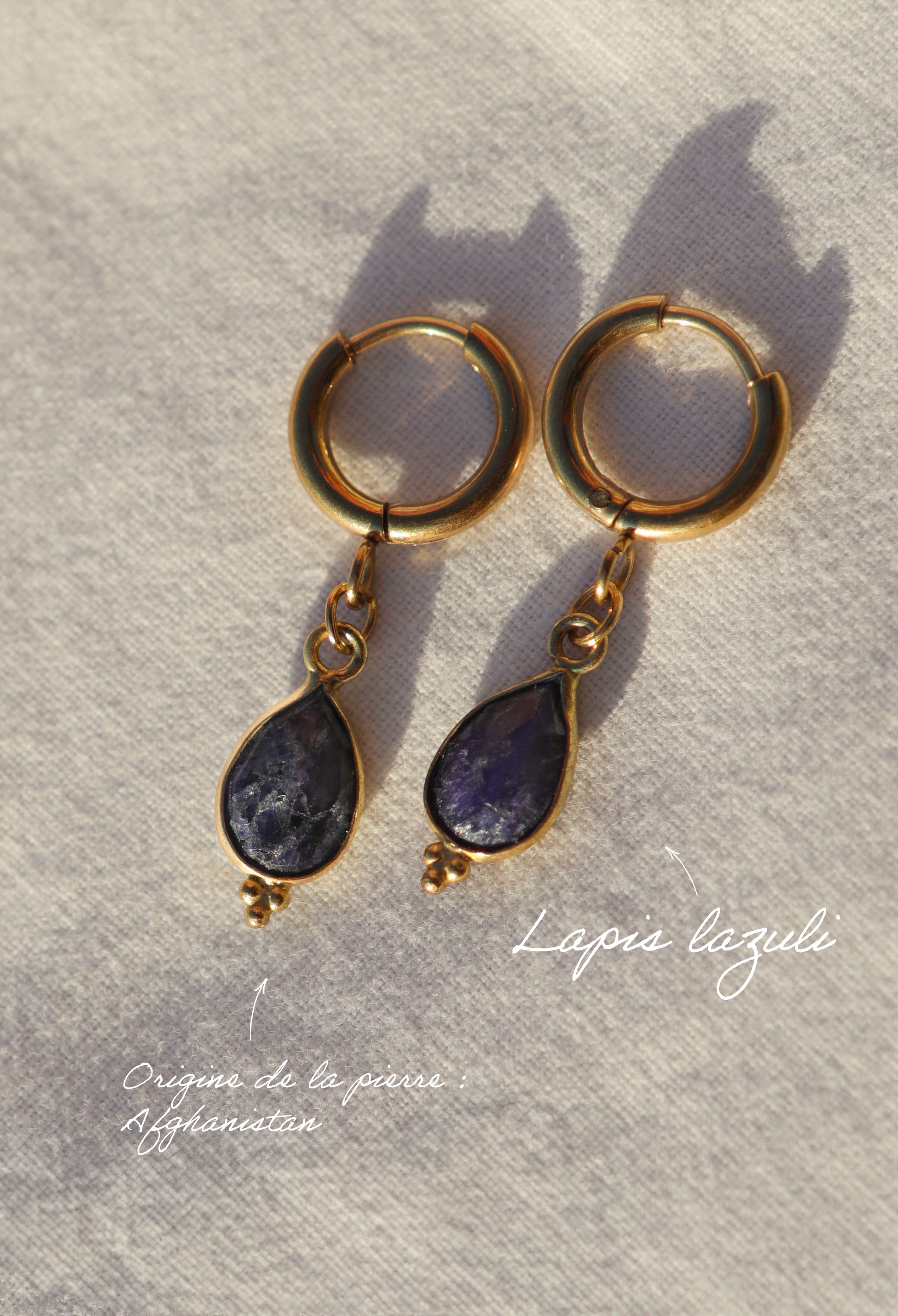 Boucles d’oreilles petites créoles avec pendentif goutte en pierre fine