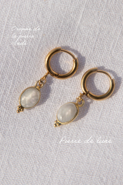 Boucles d’oreilles petites créoles avec pendentif goutte en pierre fine