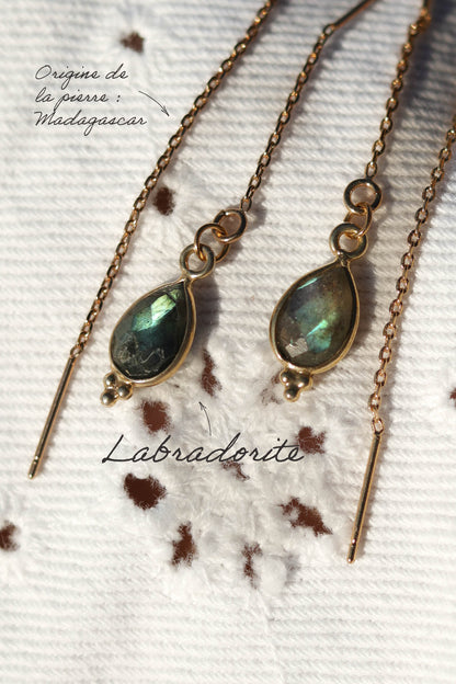 Boucles d’oreilles chaîne pendante avec pendentif goutte en pierre fine