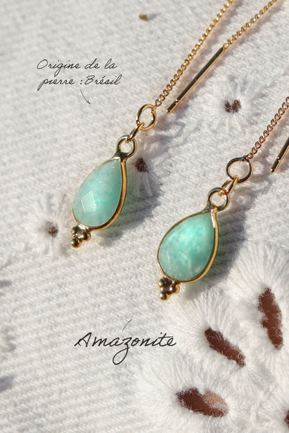 Boucles d’oreilles chaîne pendante avec pendentif goutte en pierre fine