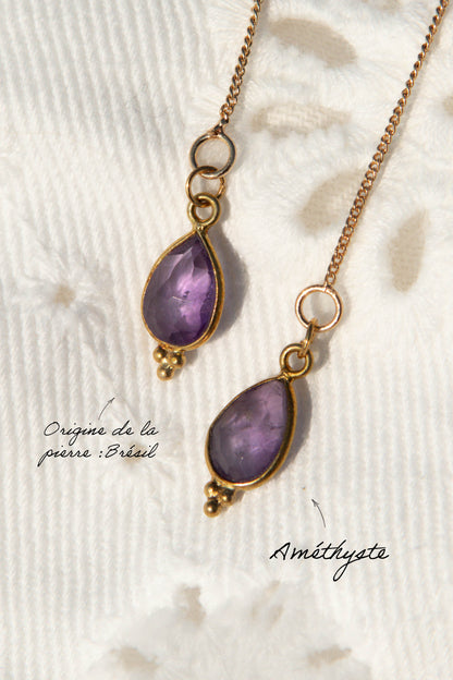 Boucles d’oreilles chaîne pendante avec pendentif goutte en pierre fine